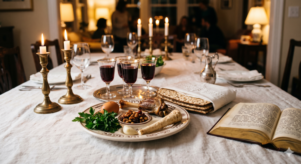 a beautifully set Passover Seder table