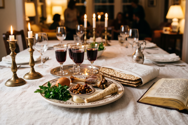 a beautifully set Passover Seder table